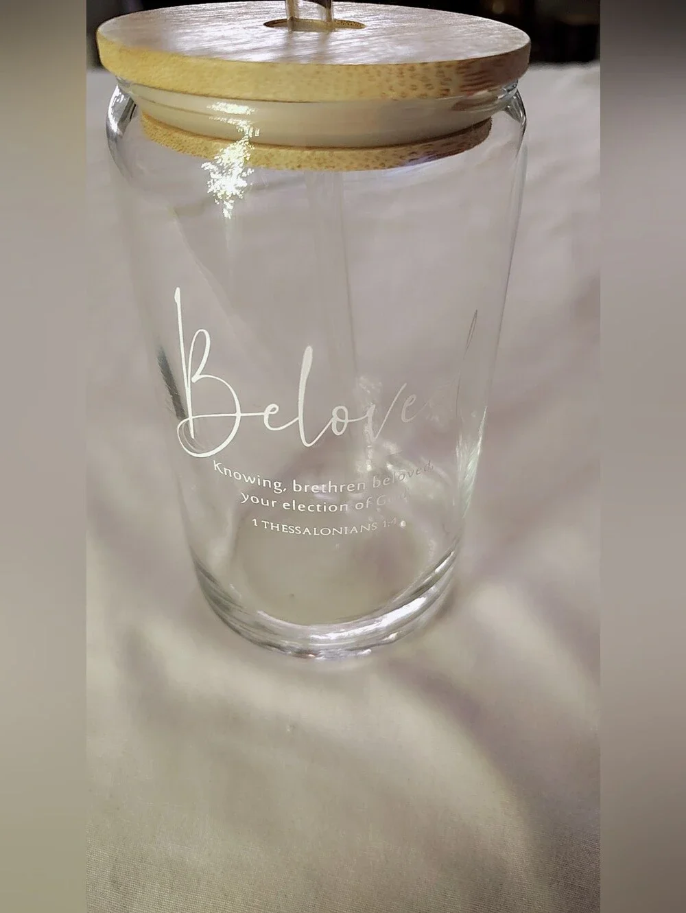 NWOT Beloved Glass Can Tumbler Wooden Lid Glass Straw 1 Thessalonians 1:4